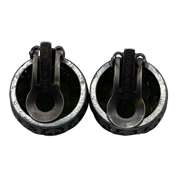 Vintage Made in Austria Dark Green Headlight Silver-tone Clip on Earrings HTF - Picture 11 of 16